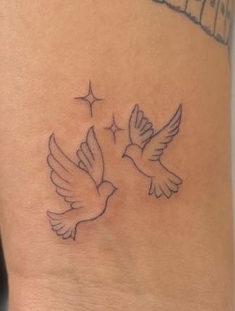 Aesthetic Dove Tattoo, Dove Tattoo Placement, Doves In The Wind Tattoo, Dove Tattoos For Women Flying Birds, Dove Tattoo For Lost Loved One, Two Turtle Doves Tattoo, Cute Dove Tattoo, Two Doves Tattoo Small, 3 Doves Tattoo