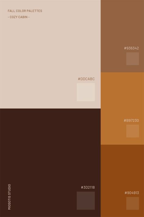 If you're in hospitality, selling cozy home goods, or running a traditional coffee shop, you might want to consider the Cozy Cabin palette. This color scheme brings to mind the warmth, comfort, and rustic charm of a log cabin in the woods. With deep and light browns, muted orange, and cozy beige, it creates a welcoming atmosphere that's perfect for a snug cabin retreat. Beige Brown Color Scheme, Brown Beige Orange Color Palette, Brown Beige Palette, Orange Wood Color Palette, Coffee Colour Pallete, Deep Brown Color Palette, Warm Browns Palette, Wood Colors Palette, Light Wood Color Palette