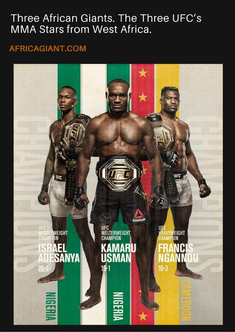 Three African Giants. The Three UFC’s MMA Stars from West Africa. Israel Adesanya | Kamaru Usman | Francis Ngannou. Don't say. We know what you're thinking. Tumblr, Ufc Fighters Men, Kamaru Usman, Francis Ngannou, Boxing Images, Usc Football, Ufc Fighters, Hd Nature Wallpapers, Marvel Superhero Posters