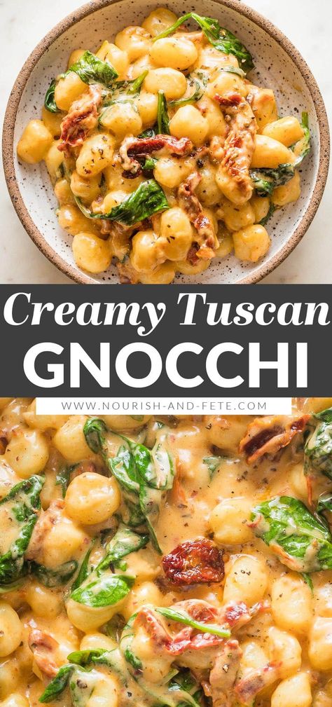 Try this recipe for a Tuscan-inspired gnocchi in cream sauce when you need an easy but full-flavored meal. It's got pillowy gnocchi, tender spinach, tangy sun-dried tomatoes, butter, and garlic. And you'll love that it's all made in one pan in about 15 minutes! Tuscan Gnocchi, Gnocchi Recipes Easy, Gnocchi Dishes, Pasta Dinners, Pasta Dinner Recipes, Gnocchi Recipes, Sun Dried Tomatoes, Cream Sauce, Sun Dried