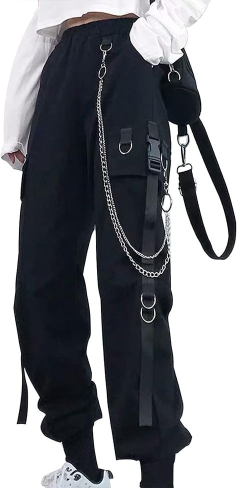 Amazon.com: Women Trousers Pants with Chain Pocket High Waist Capri Cinch Bottom Sweatpants Joggers : Clothing, Shoes & Jewelry Emo Pants, Cargo Pants Women Baggy, Goth Pants, Harem Pants Fashion, Tripp Pants, High Waisted Cargo Pants, Estilo Tomboy, Gothic Pants, Mode Emo