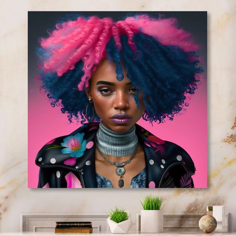 This beautiful Pink And Blue African American Woman V Canvas Art is printed using the highest quality fade resistant ink on canvas. Bubblegum Pink Hair, Contemporary Glam, Pink Square, African American Woman, Glam Metal, Black Picture Frames, Gold Picture Frames, Fashion Wall Art, American Woman