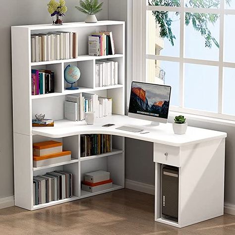 Workspaces Design, Desk With Bookshelves, Wood Corner Desk, Computer Table Design, Bookshelf White, Corner Writing Desk, Desk Corner, Study Table Designs, Study Corner