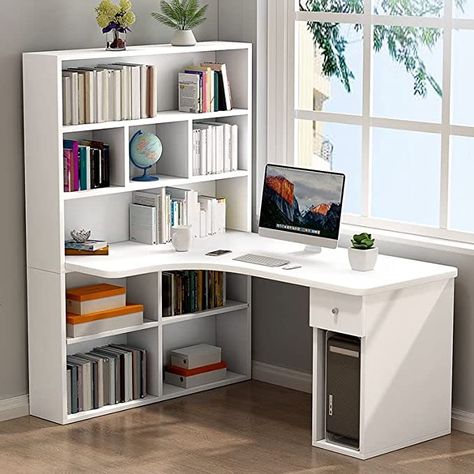 Workspaces Design, Desk With Bookshelves, Wood Corner Desk, Bookshelf White, Corner Writing Desk, Writers Desk, Desk Corner, Study Table Designs, Desain Furnitur Modern