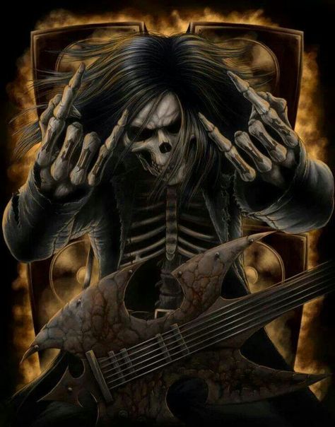Rock Star Skeleton Pics, Arte Heavy Metal, Badass Skulls, Cool Skeleton, Grim Reaper Art, Biker Tattoos, Heavy Metal Art, Metal Skull, Model Sheet