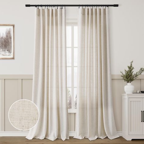 PRICES MAY VARY. Basic Information: Set of 2 Linen Curtain Panels per package. Each panel measures width 52 x 90 length. 3 Hanging Options for different look: Hang these curtain panels by back loops to hide the curtain rod and create an elegant pleated effect, from the 3 inch rod pocket for a classic look, or using clip rings for easy sliding open and closed (clip rings are not included) Rich Linen Blend: These solid curtain panels are made from a linen blend fabric that maintains the soft feel Faux Linen Curtains, Ivory Curtains Living Room, Neutral Curtains Living Room, Curtain Rods Living Room, Living Room Sunlight, Boho Curtains Bedroom, Long Linen Curtains, Room Sunlight, Long Curtains Living Room