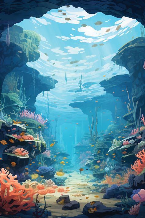 Underwater scene, crystal clear water, beautiful, coral reef, salt water fish, caustics, cliffs, cave, orange, pink, yellow, green, Summer aesthetic, beach vibes, pool vibes Under The Sea Wallpaper, The Sea Wallpaper, Sea Illustration, Aesthetic Print, Under The Ocean, Sea Wallpaper, Print Illustration, Wallpaper Art, Beautiful Summer