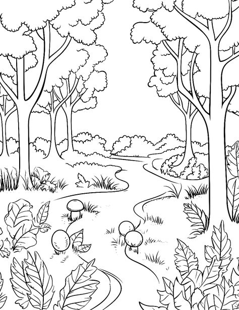 Nature Coloring Sheets Free Printable, Rain Forest Drawing Easy, Fall Tree Coloring Page, Forest Colouring Page, Woods Drawing Easy, Nature Coloring Pages Free Printable, Autumn Coloring Pages Free Printable, Drawing Ideas Forest, Nature Colouring Pages