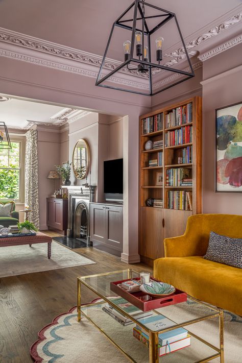 Townhouse Living Room Ideas, Small Terraced House Interior, Double Reception Room, Living Room Knock Through, London Flat Interior, Georgian Living Room, Terraced House Interior, Mauve Living Room, Victorian Lounge