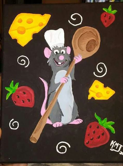 Ratatouille Disney Painting, Ratatouille Painting Canvas, Ratatouille Painting Easy, Disney Characters Paintings, Remy Ratatouille Drawing, Ratatouille Painting, Ratatouille Drawing, Ratatouille Tattoo, Ratatouille Art