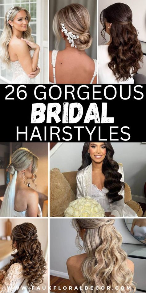 Bringing you the best bridal hairstyles ideas & inspiration!! This post shows you 26 stunning bridal hairstyles for every hair length, style, and face shape. Sharing inspo for bridal hairstyles long hair, medium length wedding hairstyles, straight bridal hairstyles, and the best bridal hairstyles ideas to help the bride shine!! Wedding Bridal Hairstyles For Long Hair, Chic Bride Hair, Hảir Style Simple Wedding, Party Makeup And Hairstyle, Wedding Hairstyle Long Hair Down, Bridal Hairstyles For Long Face, Wedding Bride Hairstyles Hair Down, Long Hairdos Wedding, Modern Wedding Hairstyles For Long Hair