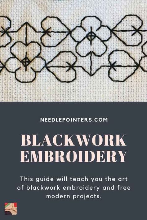 Blackwork or Spanish Blackwork is a form of embroidery using black silk on white or off-white linen. Learn more and get free designs here. Blackwork Embroidery Tutorial, Spanish Blackwork Embroidery, Blackwork Embroidery Patterns Free, Free Blackwork Patterns, Blackwork Tutorial, Black On Black Embroidery, Spanish Embroidery, Needlework Stitches, Blackwork Embroidery Designs