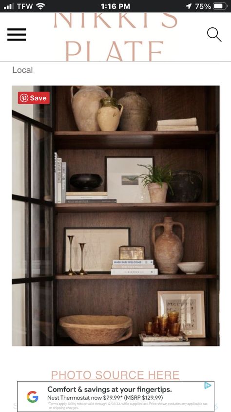 3 Bookshelves Together, Styling Wood Shelves, Entire Wall Shelves, Coffee Bookshelf Ideas, Organic Modern Shelves, Interior Design Vignette, Shelf Decor Living Room, Styling Shelves, Bookcase Styling