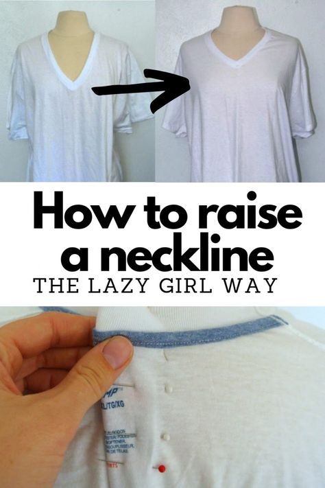 The easiest way to raise a neckline | Kara Metta How To Take In Shoulder Seams, Take In Shoulders Sewing, How To Raise A Low Neckline, Sewing Trim On Clothes, Fixing A Too Low Neckline, Sewing Hacks Alterations Neckline, Sewing Necklines Tutorials, Sewing Alterations Tips And Tricks, Clothing Alterations Diy