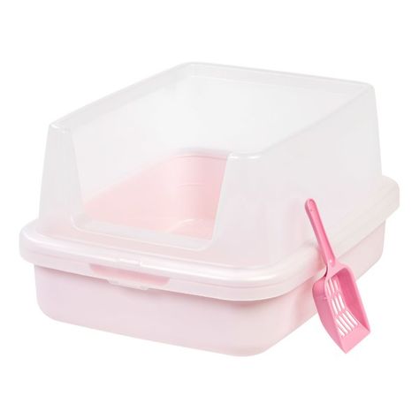 The high-shield open top litter pan solves the problem of litter scatter and urine spray. The litter box features a removable extra-tall shield plus grid floor. Also included is a matching litter scoop. Litter Box Ideas, Litter Scoop, Princess Kitty, Litter Box Covers, Pink Pet, Litter Box Furniture, Litter Box Enclosure, Dog Itching, Nursing Supplies