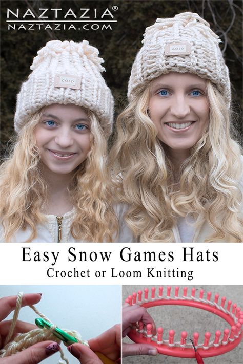 How to Crochet or Loom Knit Snow Games Hat - Easy Crocheted and Loom Knitting Hats by Donna Wolfe from Naztazia Snow Games, Loom Knitting Patterns Hat, Loom Knitting For Beginners, Round Loom Knitting, Circle Loom, Loom Hats, Loom Knitting Tutorial, Loom Knit Hat, Loom Knitting Stitches