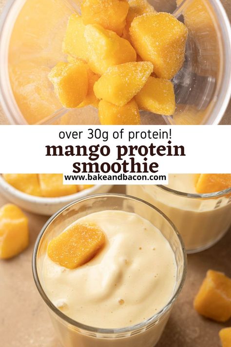 Essen, Mango Protein Smoothie Recipe, Mango Protein Smoothie, Protien Shake Recipes, Protein Powder Smoothie Recipes, Protien Smoothies Recipes, Protein Fruit Smoothie, Mango Smoothie Healthy, Healthy Protein Breakfast