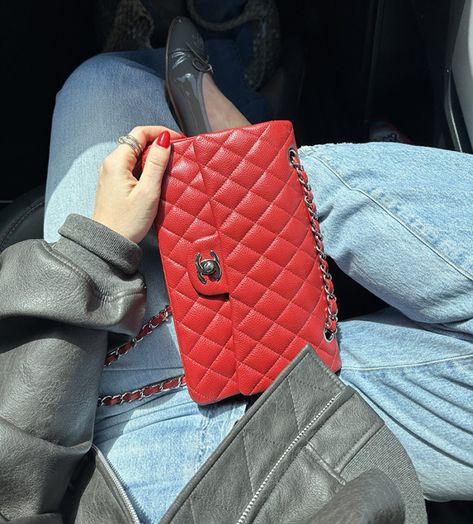 Red Chanel Lambskin Classic CC Purse, Spring Style with Red Bag Chanel Red Bag, Red Chanel Bag, Chanel Bag Red, Brooklyn Blonde, Red Chanel, Chunky Earrings, Red Bag, Red Bags, Spring Style