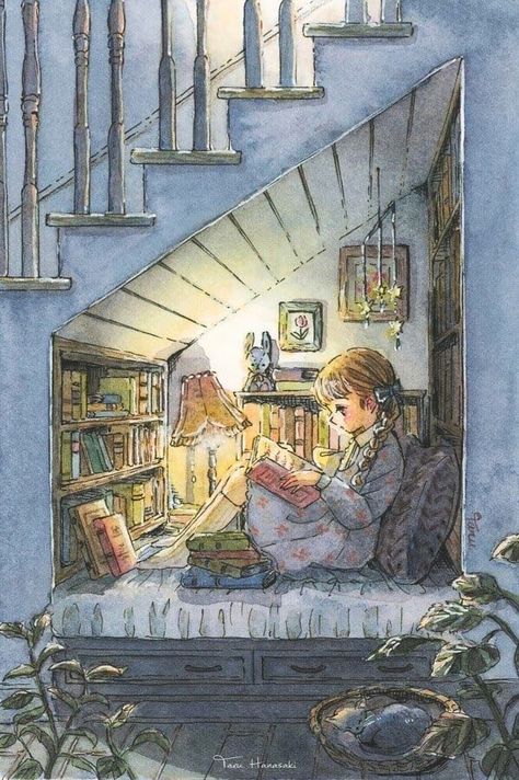 Animal Books, Under Stairs Cupboard, Storybook Art, Storybook Cottage, Fantasy Drawings, Seni Cat Air, Arte Inspo, Cozy Reading, Fairytale Art