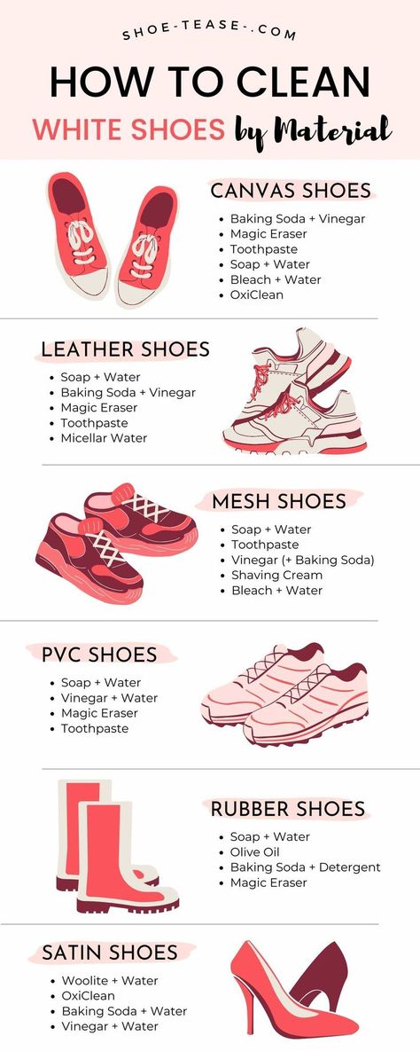 Infographic guide to cleaning white shoes by material with 6 different white shoe fabrics including canvas shoes, leather shoes, mesh shoes, PVC shoes, rubber shoes and satin shoes. Upcycling, Hessen, Shoe Cleaner Diy, Clean White Leather Shoes, Cleaning White Shoes, Cleaning White Canvas Shoes, Clean Canvas Shoes, Clean White Shoes, How To Clean White Sneakers