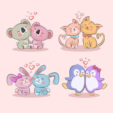 Free Vector | Hand drawn valentine's day stickers collection Couples On Valentines Day, Cute Animal Couples, Valentines Day Animals, Animal Couples, Valentine's Day Stickers, Animals Drawings, Valentines Day Cat, Stickers Collection, Glasses Collection