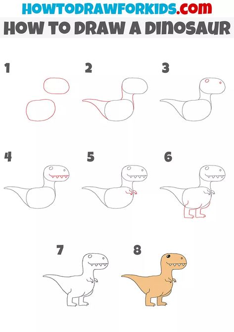 How to Draw a Dinosaur Easily - Easy Drawing Tutorial For Kids How To Draw A T-rex, Easy Dinosaur Drawing, Draw A Dinosaur, T-rex Drawing, Very Easy Drawing, Dinosaur Sketch, Cute T Rex, Kawaii Dinosaur, Drawing Lessons For Kids