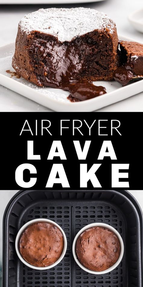 Air Fryer Lava Cake is a decadent dessert with a molten chocolate center that will curb any chocolate craving. There is an airiness to the batter with a rich flavor of chocolate deliciousness in every bite. Air Fryer Lava Cake, Air Fryer Recipes Dessert, Air Fryer Recipes Snacks, Lava Cake Recipes, Molten Lava Cakes, Air Fryer Oven Recipes, Air Fyer Recipes, Molten Chocolate, Air Frier Recipes