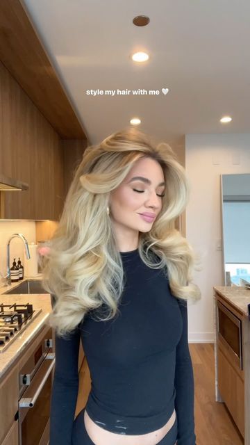 Blow Out Curly Hair Hairstyles, Slick Down Bangs Curled Hair, Big Blonde Blowout, Big Voluminous Blowout, 90s Blowout Hair Blonde, Bouncy Curl Blowout, Blowout With Curled Ends, Blow Out Curly Hair Long, Formal Hairstyles Blowout