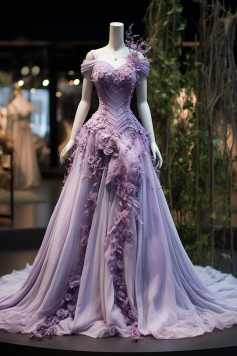 Lavender flower inspired gown Light Purple Princess Dress Aesthetic, Lavender Victorian Dress, Purple Fantasy Gown, Purple Gown Aesthetic, Lavender Flower Dress, Fantasy Ballgown, Purple Ballgown, Princess Dress Aesthetic, Fairytale Prom Dress
