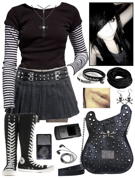 Emo Nerd Outfits, 2000s Fashion Outfits Emo, 2000s Emo Fits, Cute Emo Outfits 2000s, Emo Outfits Girl 2000s, School Of Rock Outfits, Emo Outfit Inspo 2000s, Emo Nite Outfit, Emo 2000s Fashion