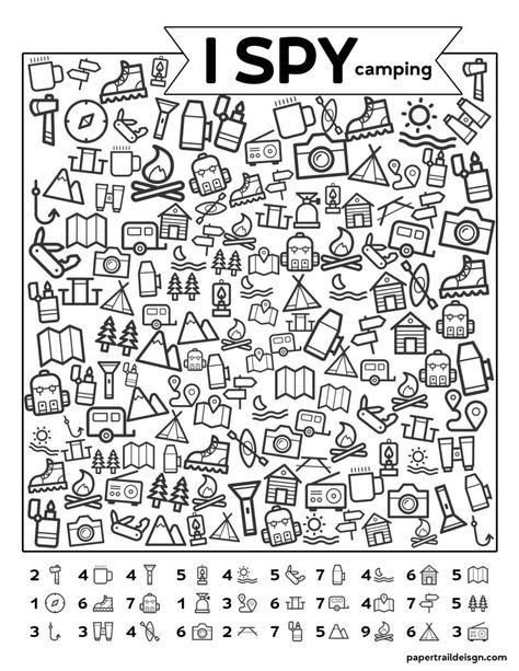 Free Printable I Spy Camping Kids Activity. Road trip game or boredom buster for rainy day or summer boredom kids activity. #papertraildesign #ispyfree #rainyday #imbored #printable #kids #kidsactivity #camping #campingispy Camping With Kids Food, After School Program Activities, Kids Summer Activities Outdoor, Camping Kids, Paper Trail Design, Camping Activities For Kids, I Spy Games, Trail Design, Free Activities For Kids