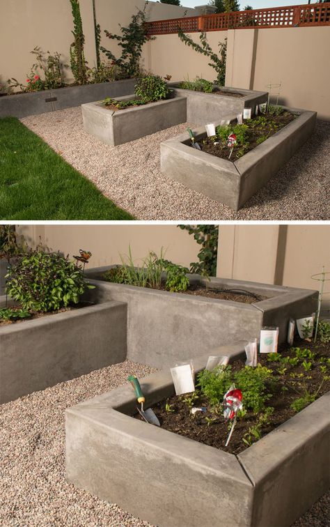 10 Inspirational Ideas For Including Custom Concrete Planters In Your Yard // Custom smooth concrete vegetable boxes have been designed at varying heights to add interest to the garden. Raised Garden Bed Cement Blocks, Concrete Box Planter, Concrete Vegetable Garden, Concrete Flower Beds Raised, Raised Bed Planters Ideas, Raised Cement Patio Ideas, Cement Raised Beds, Cement Planter Boxes, Stucco Planter Boxes