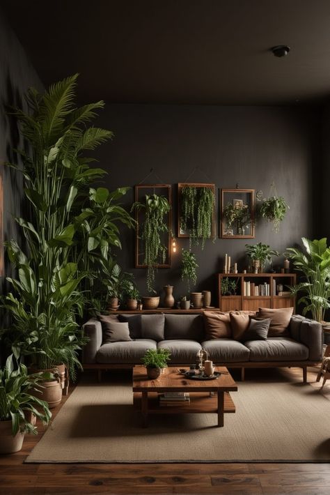 25 Moody Boho Living Room Ideas – The Crafty Hacks Dinning Living Room Together, Industrial With Plants, Apartment Decorating Moody, Moody Living Room Apartment, Black Earthy Living Room, Hobbitcore Home Decor, Moody House Aesthetic, Forest Aesthetic Living Room, Moody Boho Office