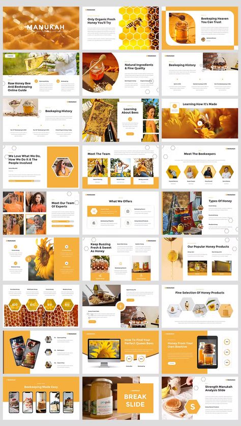 Beekeeping Home & Honey Shop PowerPoint Template. 36 Slides. Honey Design Ideas, Ebc Amazon, Bee Background, Brand Guidlines, Presentation Ideas For School, Marketing Colors, Graphic Design Portfolio Layout, Presentation Slides Design, Honey Shop