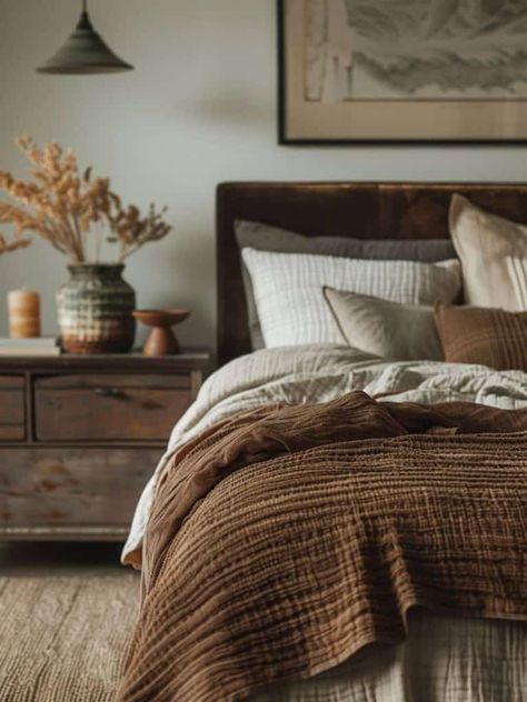 Modern Bedsheets Designs, Bedroom With Wooden Ceiling, Autumnal Bedroom Decor, Brown Decor Bedroom, Brown Bedding Ideas, Elegant Bed Designs, Brown And Grey Bedroom, Nature Bedroom Aesthetic, Guest Bedroom Paint Ideas