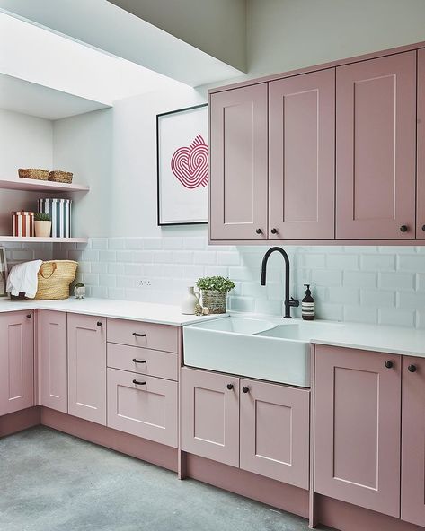 Pink Laundry Room Cabinets, Kitchens With White Countertops, Dusty Pink Kitchen Cabinets, Mauve Kitchen Cabinets, Pale Pink Kitchen, Pink Kitchen Cupboards, Pink Laundry Room, Pink And Grey Kitchen, Bright Basement