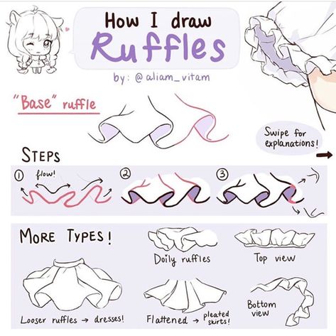 How To Draw Folds In Skirts, How To Draw A Ruffled Skirt, Ruffle Dress Drawing Reference, Ruffle Skirt Reference Drawing, Ruffles Drawing Tutorial, Ruffle Art Reference, Ruffles Art Reference, Skirt Wrinkles Reference, Skirt Ruffles Drawing Tutorial