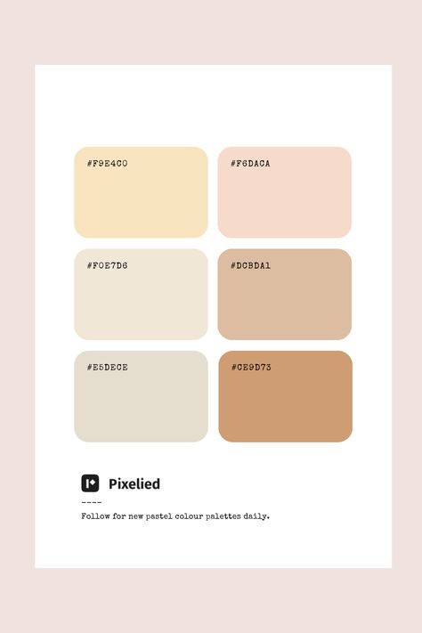 This brown pastel color palette offers a harmonious blend of warm neutrals, ranging from soft cream and beige to muted taupe and tan. These colors create a cozy and inviting atmosphere, ideal for designs that aim for a subtle and sophisticated look. Perfect for illustration, branding, typography, and web UI, this palette adds a touch of warmth and timeless elegance to any project. Pastel, Pastel Neutral Color Palette, Spring Neutral Color Palette, Creamy Color Palette, Soft Neutral Color Palette, Warm Neutral Color Palette, Light Color Palette, Color Scheme Generator, Cream Color Palette