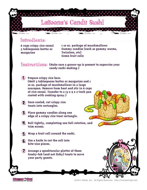 MH printable recipes 1 Monster High Snacks, Monster High Food Ideas, Monster High Party Decorations, Creepy Recipes, Monster High Food, Monster High Printables, Monster High Room, Monster High Halloween, Sushi Ingredients