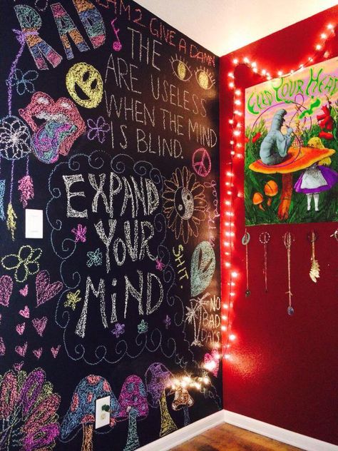 Chalkboard Paint Wall, Hippy Bedroom, Chalkboard Wall Bedroom, Trippy Room, Hippie Bedroom, Hangout Room, Chalk Wall, Hippy Room, Chill Room