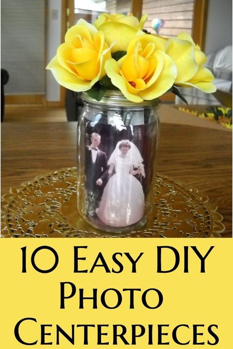 Easy Table Centerpieces, Picture Centerpieces, 60th Wedding Anniversary Party, Photo Centerpieces, Anniversary Centerpieces, 50th Year Wedding Anniversary, 80th Birthday Party Decorations, 60th Anniversary Parties, 50th Wedding Anniversary Decorations