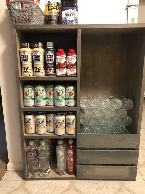 Drink Storage Shelf, Wooden Water Bottle Storage, Drink Rack Ideas, Diy Drink Storage Ideas, Gatorade Storage Ideas, Drink Storage Ideas Small Spaces, Drinks Storage Ideas, Garage Drink Storage, Pantry Drink Storage