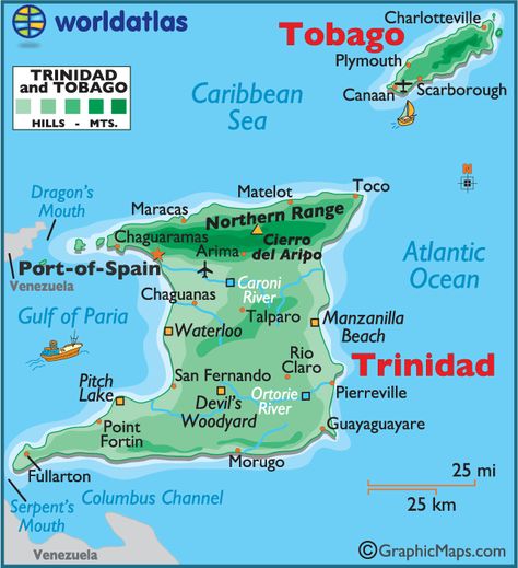 Trinidad & Tobago map (worldatlas.com) Port Of Spain, Trinidad And Tobago Map, Trinidad Map, Jamaican Vacation, Ocean Sailing, Trinidad Carnival, Trinidad Tobago, Lesser Antilles, Caribbean Travel