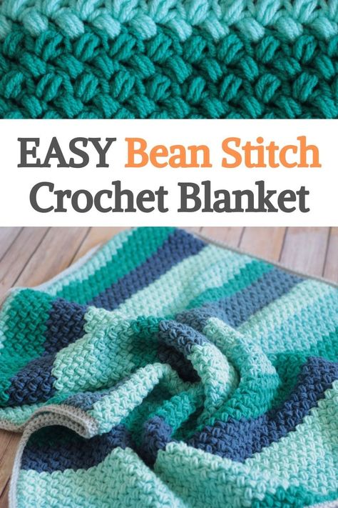 Easy Bean Stitch Crochet Blanket- Free Pattern. Simple and beautiful, the crochet bean stitch adds wonderful texture to any project. Bean Stitch Crochet Blanket designed by Crochet It Creations has a woven appearance, looks great is a great quick project for any crocheter. This warm crochet blanket is a great gift idea too! For a multicolored effect, you can change colors after a few rows. Click Here To See The Pattern! One Color Crochet Blanket Patterns Simple, Crochet Projects Free Pattern Blankets, Simple Crochet Patterns Blanket, 1 Stitch Crochet Blanket, Bean Stitch Crochet Blanket Free Pattern, Quick Crochet Blankets Free Patterns, Simple Stitch Crochet Blanket, Easy Textured Crochet Blanket, Crochet Baby Boy Blanket Free Pattern Shower Gifts