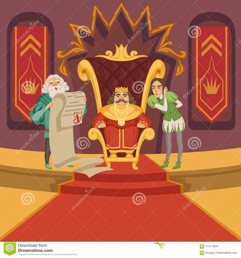King on the throne and his retinue. Cartoon characters set Inside Castle Illustration, King Cartoon Character Design, King Drawing Character Design, King On A Throne, Throne Illustration, King On The Throne, King Pose, Kingdom Illustration, King Cartoon