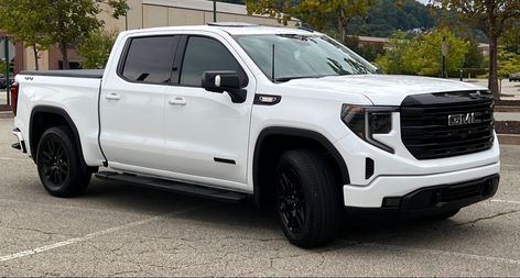 White pickup truck GMC Sierra Black, Cars, Gmc Sierra Blacked Out, Gmc Sierra Elevation, 2023 Gmc Sierra, Gmc Sierra, Ford, White, Quick Saves