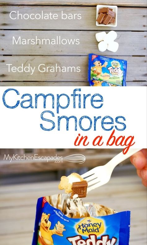 Campfire Smores in a Bag - S'mores In A Bag Camping, Teddy Grahams Ideas, S’mores Hack, Campfire Treats For Kids, Smores Without A Campfire, Camp Fire Treats, S'mores In A Bag, S’mores In A Bag, Smores Hacks