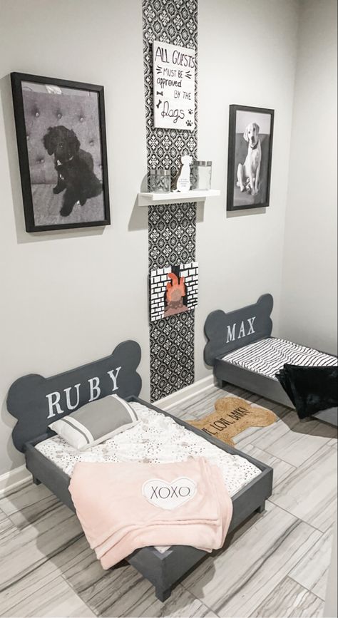 Dog Room With Tv, Dog Room Bedroom, Dog Bed Decor Spaces, Dog Spaces In Bedroom, Dog Homes Ideas Indoor, Dog Bedroom Ideas Diy, Pup Room Ideas, How To Decorate A Dog Room, Cat And Dog Bedroom Ideas