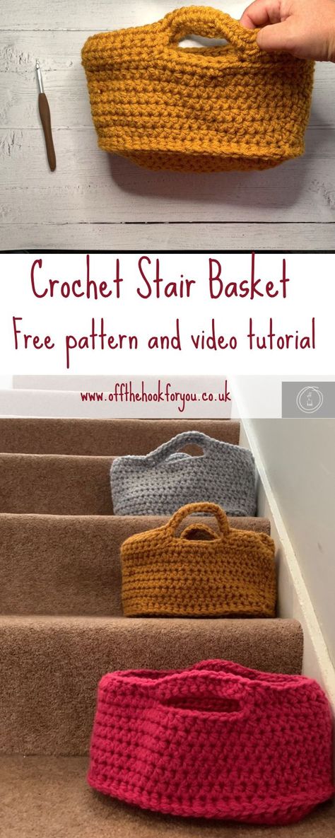 Crochet Storage Baskets Free, Easy Crochet Basket Pattern, Crochet Fall Decor, Stair Basket, Crochet Storage Baskets, Crochet Basket Pattern Free, Crochet Baskets, Crochet Storage, Dekor Diy