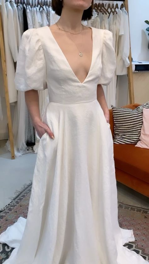 archive12 on Instagram: Omgeee it’s here!! @andforlove AULDYN linen dress - I cannot tell you how obsessed I am with this one. Book a virtual appt now for a… Auldyn Dress, Simple Linen Wedding Dress, Linen Bridal Dress, Plus Size Silk Wedding Dress, Non White Wedding Dress, Homemade Wedding Dress, Linen Puff Sleeve Dress, Homemade Wedding Dresses, Cotton Wedding Dress